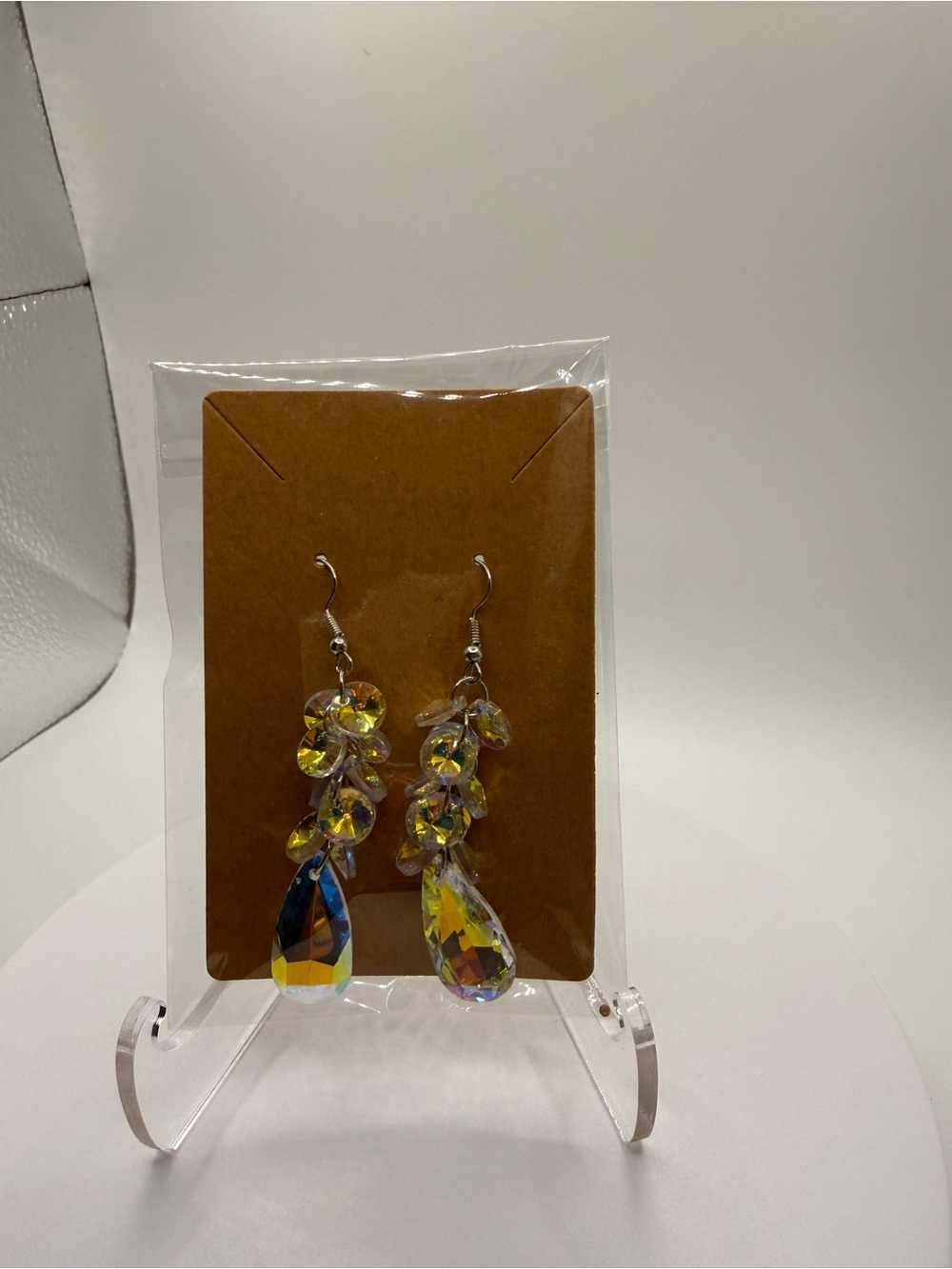 Crystal Teardrop Dangle Earrings - Yellow Iridescent